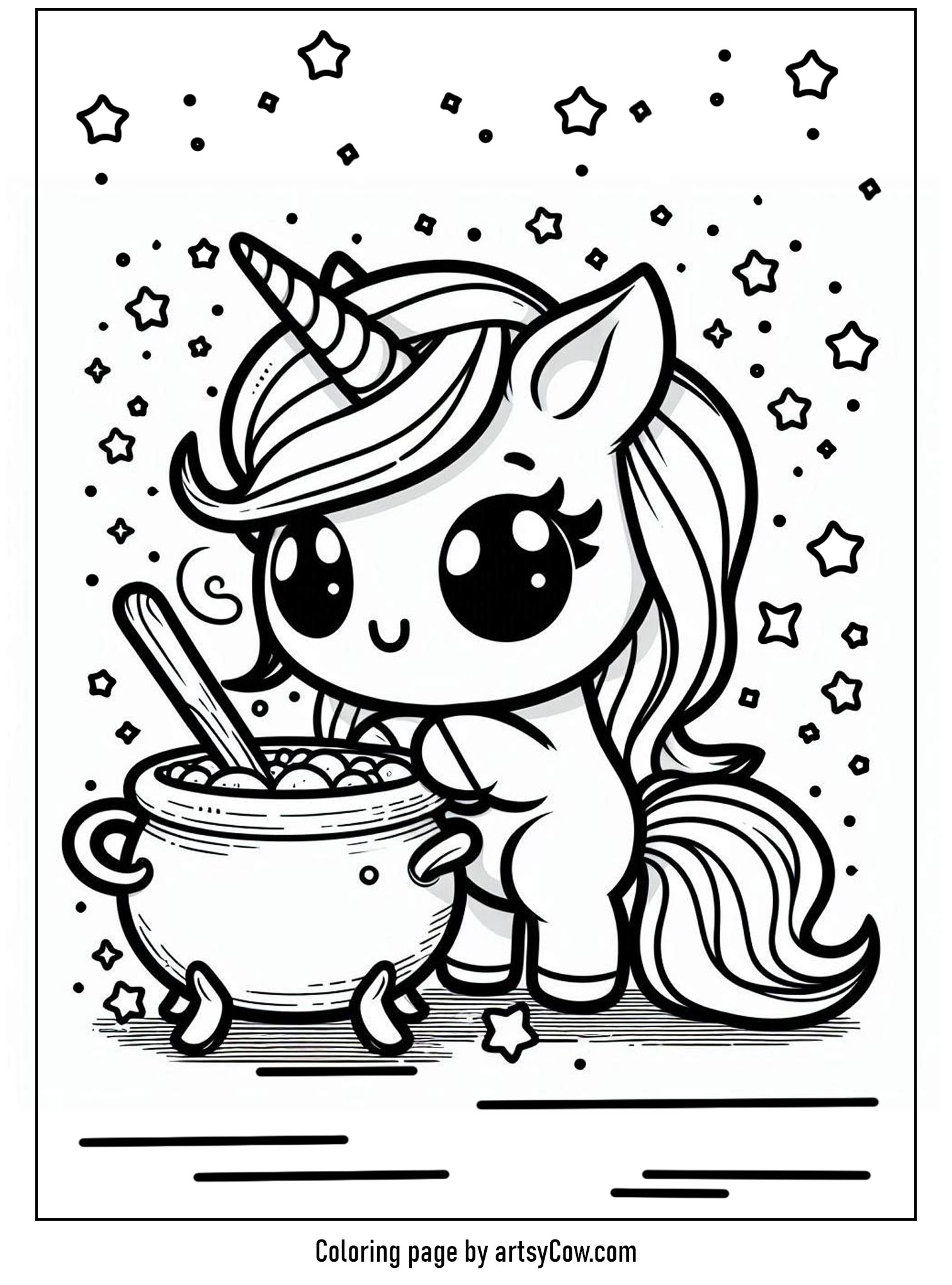 Halloween coloring pages with unicorn 2 featuring a cute unicorn stirring a witch's cauldron surrounded by stars